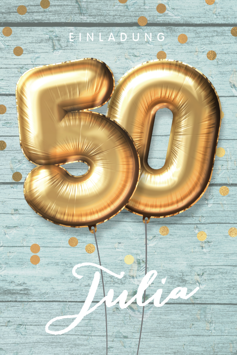 50 Geburtstag Karte Mit Ballons Und Konfetti Auf Holzhintergrund