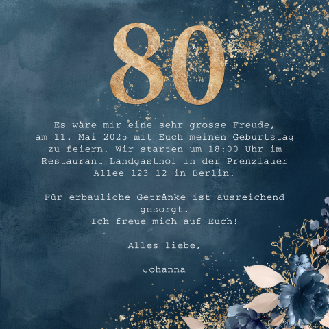 Blaue Einladung Zum 80 Geburtstag Mit Blumen Und Farbtupfern