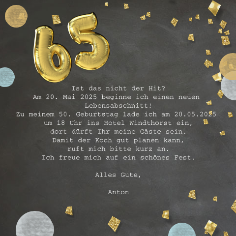 Einladung Zum 65 Geburtstag Und Gelben Ballonzahlen Und Konfetti