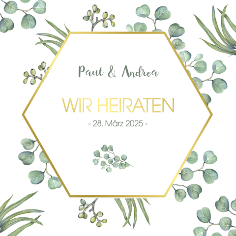 Hochzeitskarte Mit Text In Sechseck Und Diversen Zweigen