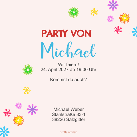 Bunte Einladung im Thema "Flower Power"