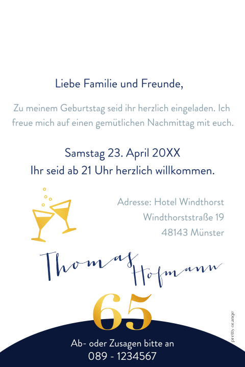 Festliche Einladung zum 65. Geburtstag blau mit Foto