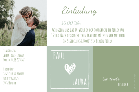 Schone Hochzeitseinladung Mit Grunen Farbflachen Und Fotos