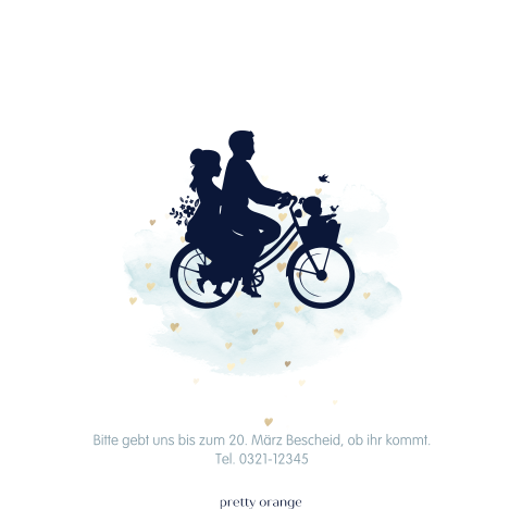 Hochzeitskarte mit goldgelben Herzen und Brautpaar auf Fahrrad