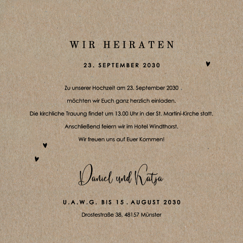 Schöne Hochzeitskarte aus Kraftpapier mit Paar auf einem Fahrrad