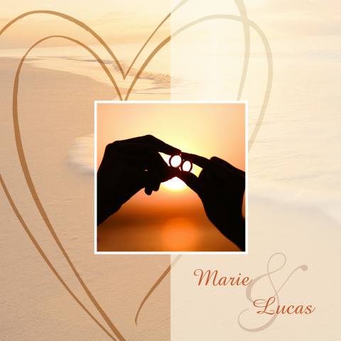 Hochzeitskarte mit Strandthema, Sonne und goldenen Ringen