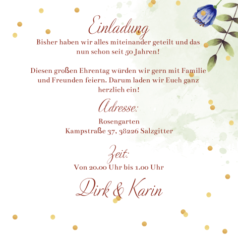 Stilvolle Einladung zum 50. Hochzeitstag mit Foto, Blumen und Konfetti