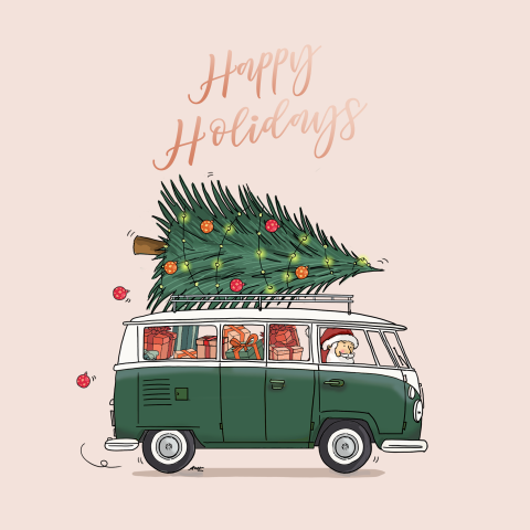 Susse Weihnachtskarte Mit Weihnachtsmann Im Bus Und Weihnachtsbaum