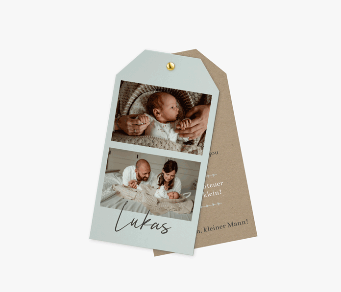 Zartblaues Geburtskarten-Label für Jungs mit Fotos
