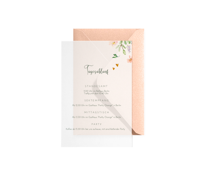 Einlegeblätter Hochzeitskarte mit Blumen und Herzen Transparentpapier
