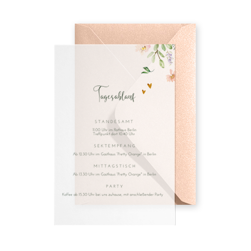 Einlegeblätter Hochzeitskarte mit Blumen und Herzen Transparentpapier