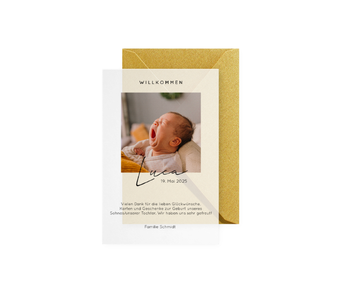 Geburtskarte mit Foto und Text auf Transparentpapier