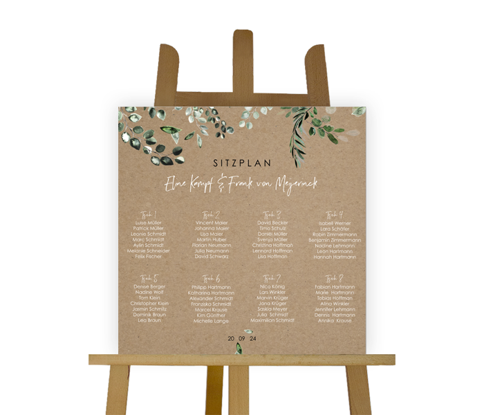 Hochzeit Sitzplan Schild im Kraft-Look mit Eukalyptus Zweigen