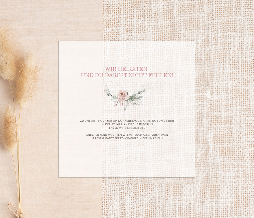 Einlegeblatt Hochzeitskarte mit rosa Blüten - Transparentpapier