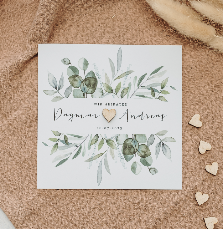 Schöne florale Hochzeitskarte “Eukalyptus” | optionales Holzherz