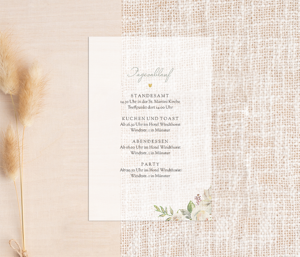 Einlegeblatt zur Hochzeit mit Blumen und Herz - Transparentpapier