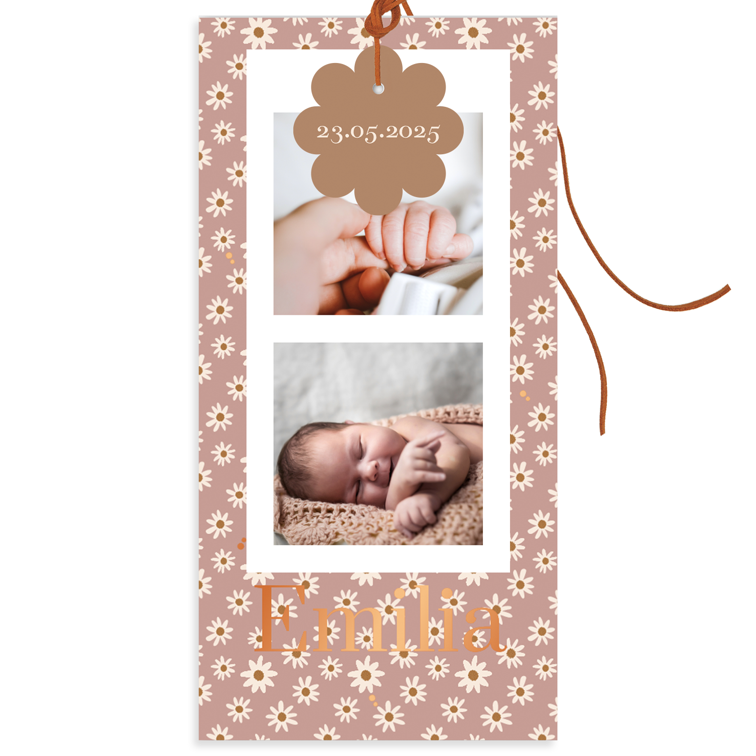 Labelkarte Geburt mit Blümchenanhänger und schickem Foliendruck