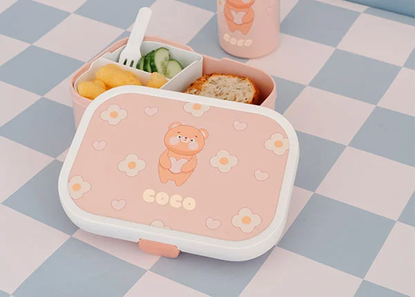 Personalisierte Brotdose mit Teddybär und Namen in rosa