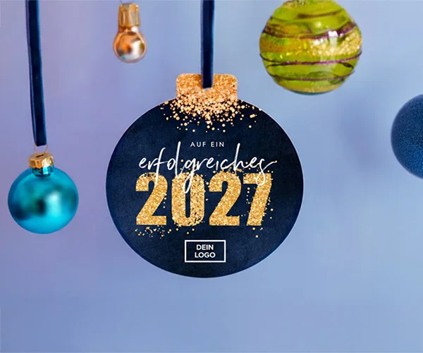 Geschäftliche Weihnachtskarte mit Logo Christbaumkugel blau 2027
