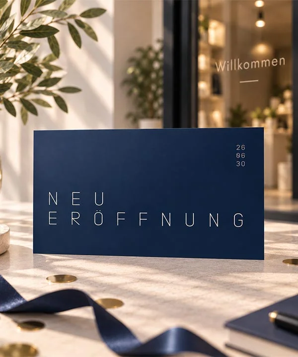 Geschäftseröffnung blaue Karte einfach panorama mit moderner Ausstrahlung Eröffnung und Datum auf Vorderseite
