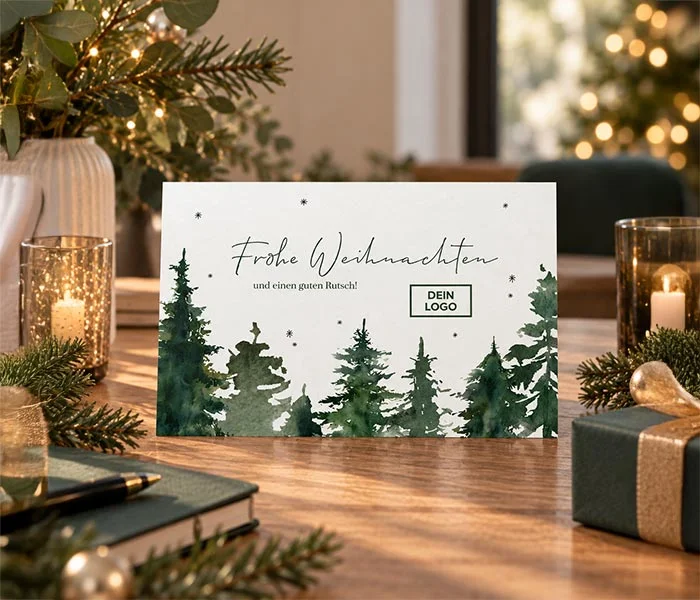 Geschäftliche Weihnachtskarte mit Logo nachhaltiges Papier Tannenbäume einfach Querformat