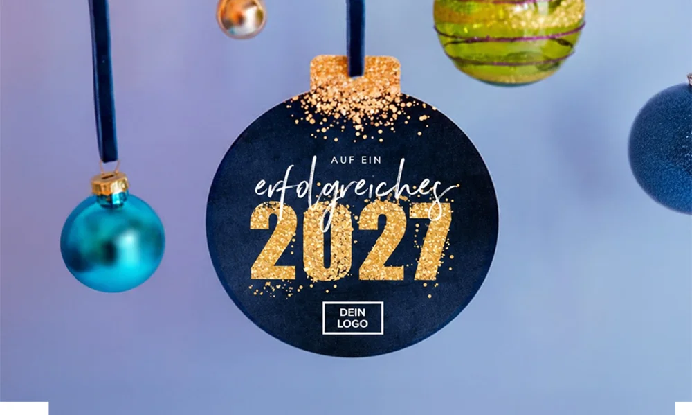 Geschäftliche Weihnachtskarte mit Logo Christbaumkugel blau