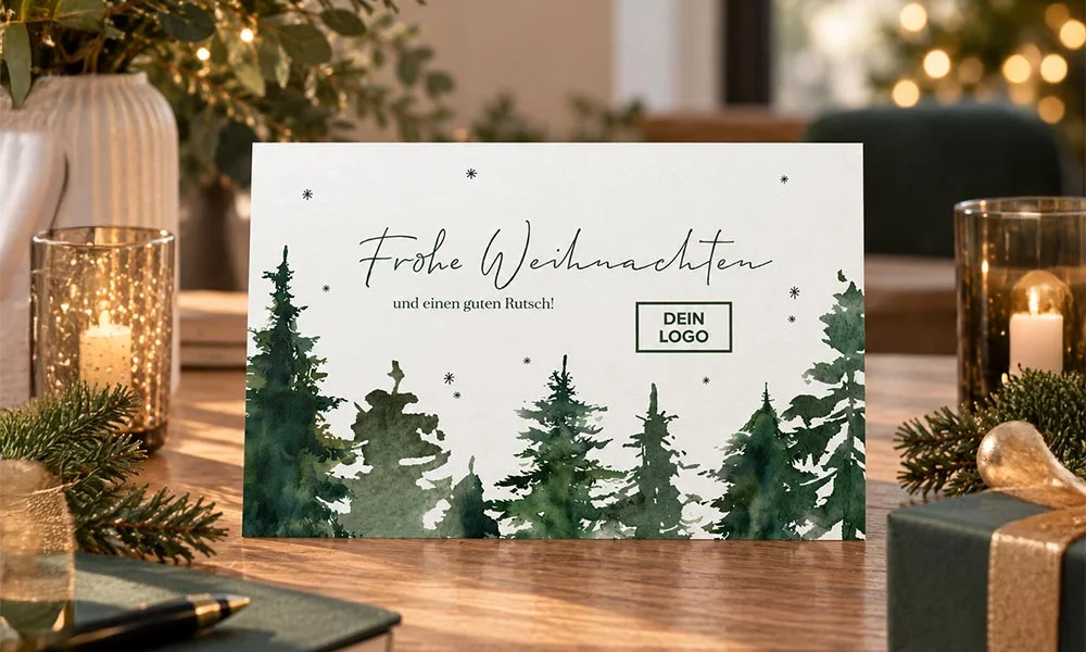 Geschäftliche Weihnachtskarte mit Logo Nachhaltiges Papier mit Tannenbäumen