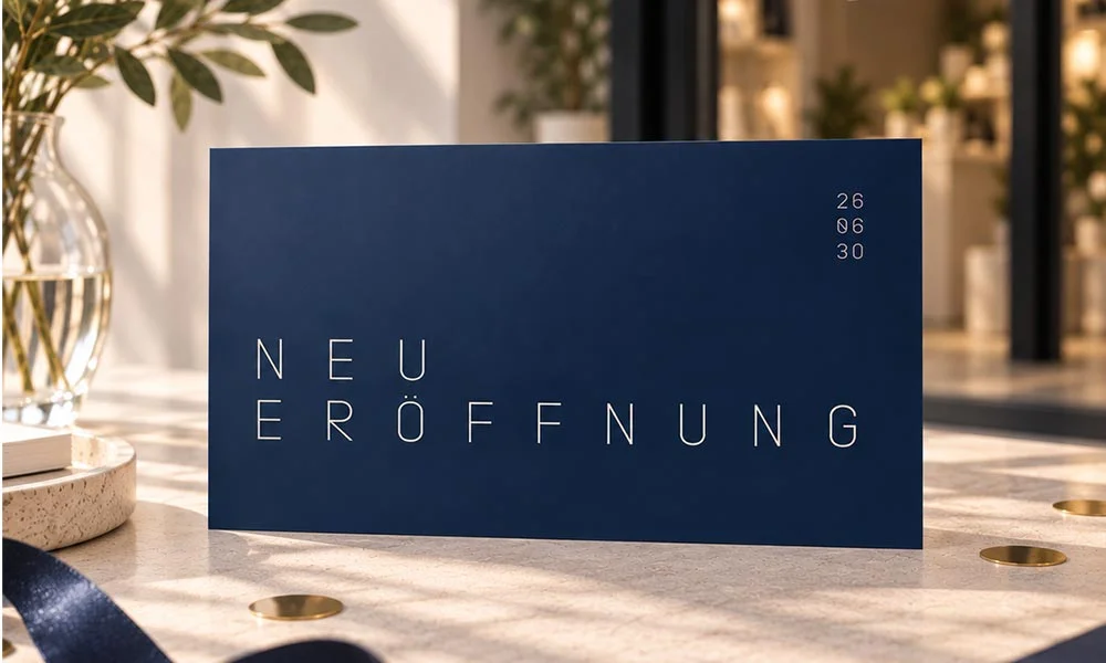 Einladung Geschäftseröffnung blau moderner Schriftzug Neueröffnung mit schlichtem Datum