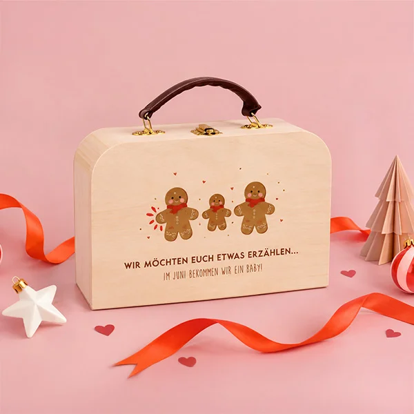 Koffer aus holz personalisiert Weihnachtsgeschenk Schwangerschaft verkünden Lebkuchenmann