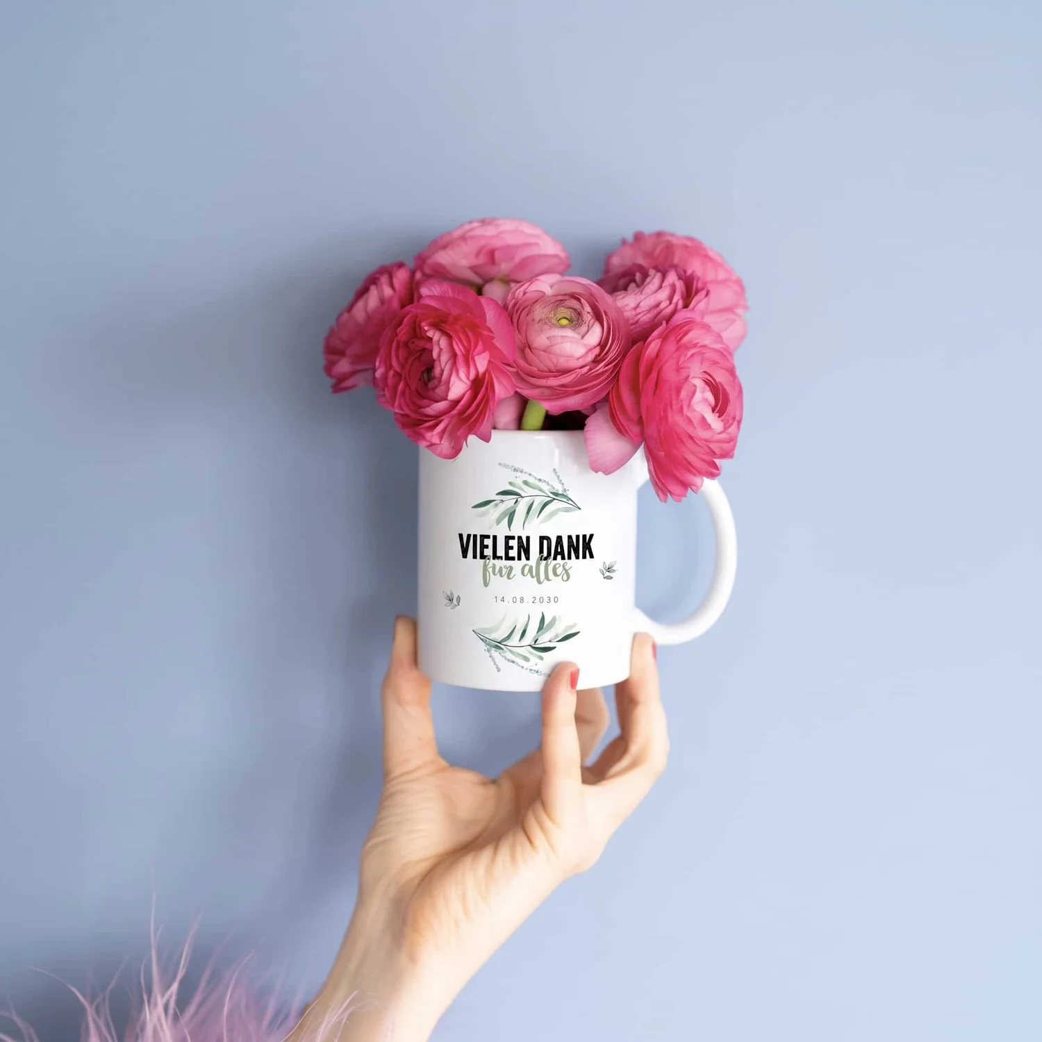 Personalisierte Tasse Vielen Dank Hochzeit mit Datum und Namen und Eukalyptus