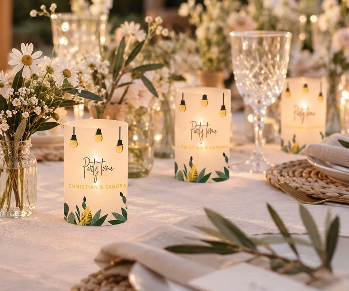 Windlicht zum Geburtstag Gartenparty gedeckter Tisch mit weißen Blumen am Abend