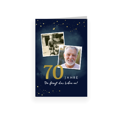 Einladung zum 70 Geburtstag mit glänzendem Gold und Fotos