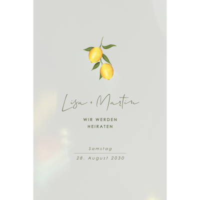 Einladungskarte Hochzeit aus Acryl mit Zitrone im sommerlichen Design