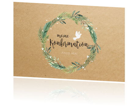 Schöne Konfirmationskarte mit Blätterkranz, weißer Taube und Herzen