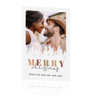 Weihnachtliche Dankeskarte Hochzeit mit Foto und Weihnachtsbäumen
